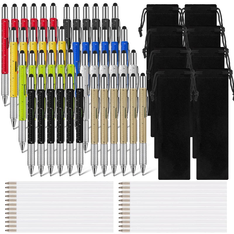 Sabary 24 Pcs Multitool Pen 6 in 1 Screwdriver Pen Gadget Stocking Stuffers Christmas Gifts for Dad Multitool Pen with Touch Screen Stylus Top Ruler Level Gauge Screwdriver Black Refills Bags for Men Father - Image 2