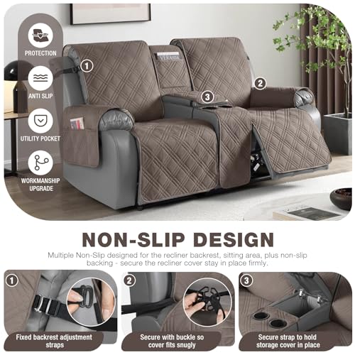 TAOCOCO Waterproof Loveseat Recliner Cover with Console, Non-Slip Reclining Loveseat with Console Cover with Pocket, Split Recliner Sofa Covers Furniture Protector for Pets Dogs(2 Seater, Taupe) - Image 4