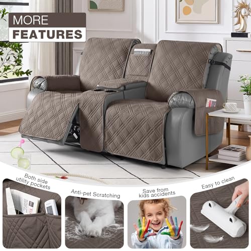TAOCOCO Waterproof Loveseat Recliner Cover with Console, Non-Slip Reclining Loveseat with Console Cover with Pocket, Split Recliner Sofa Covers Furniture Protector for Pets Dogs(2 Seater, Taupe) - Image 3
