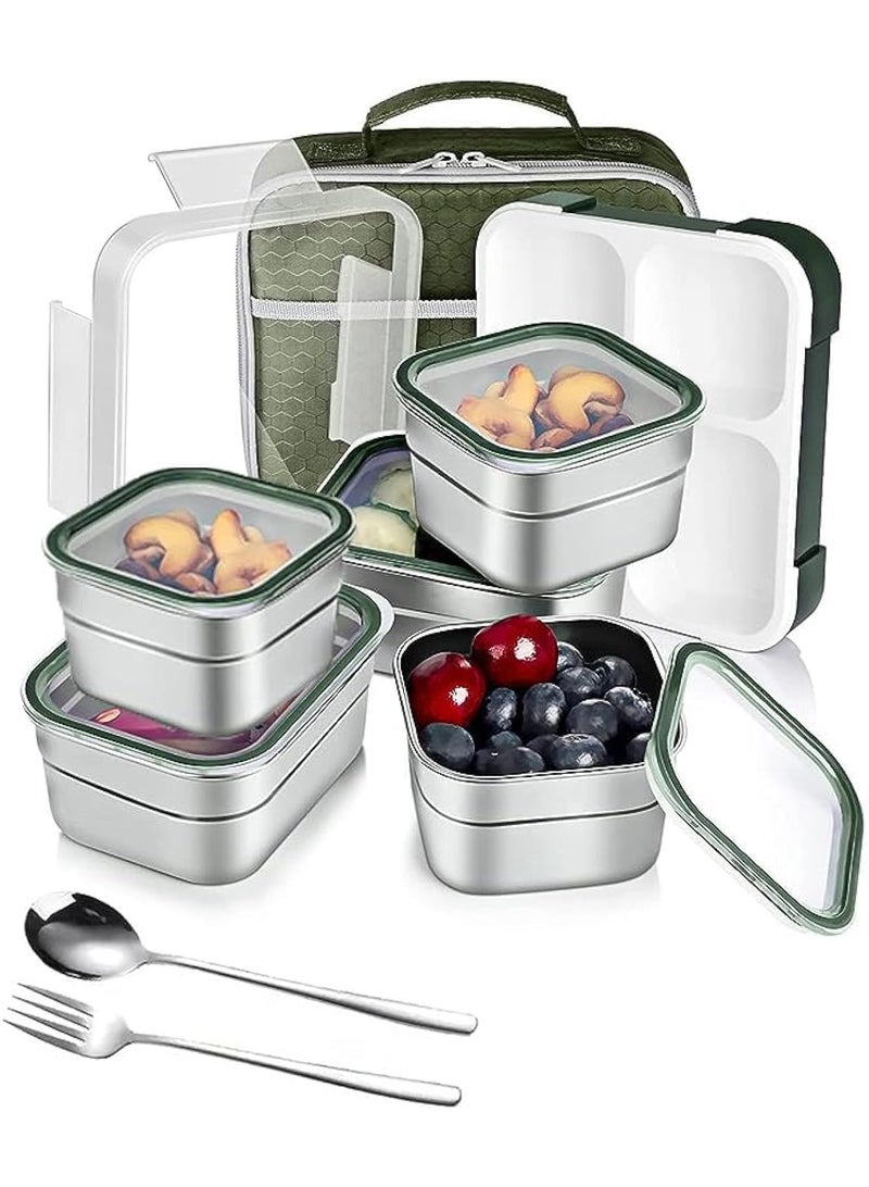 Stainless Steel Lunch Box for Kids Adults,Insulated Bento Lunch Box with Tableware & Bag,1000ML 5 Compartment Divided Lunch Containers with Lids（Green） - Image 1