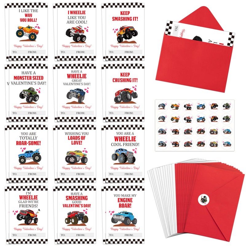 TICIAGA 72pcs Valentineâ€™s Day Monster Truck Greeting Cards with Envelop and Sticker for Kid, 4 x 6 IN Monster Truck Notecard Exchange Gift for Boy Girl School Classroom Supply, Valentines Party Favor - Image 1