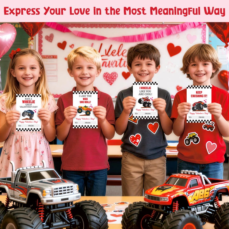 TICIAGA 72pcs Valentineâ€™s Day Monster Truck Greeting Cards with Envelop and Sticker for Kid, 4 x 6 IN Monster Truck Notecard Exchange Gift for Boy Girl School Classroom Supply, Valentines Party Favor - Image 5