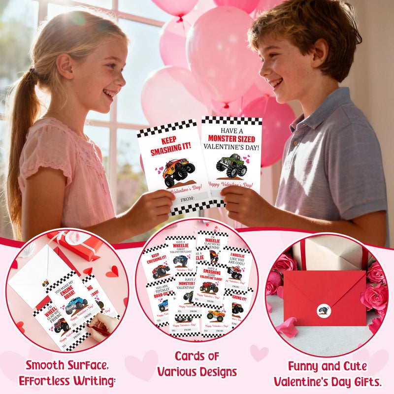 TICIAGA 72pcs Valentineâ€™s Day Monster Truck Greeting Cards with Envelop and Sticker for Kid, 4 x 6 IN Monster Truck Notecard Exchange Gift for Boy Girl School Classroom Supply, Valentines Party Favor - Image 4