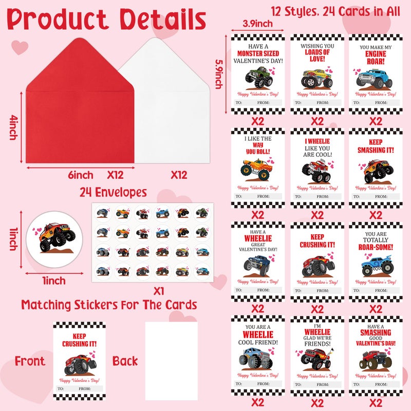 TICIAGA 72pcs Valentineâ€™s Day Monster Truck Greeting Cards with Envelop and Sticker for Kid, 4 x 6 IN Monster Truck Notecard Exchange Gift for Boy Girl School Classroom Supply, Valentines Party Favor - Image 2