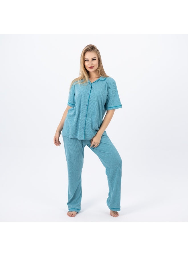 zecotex  Women's Classic Cotton  Pajama Set – Short Sleeve Button-Up Top & Long Pants  – Soft, Breathable & Comfortable Sleepwear  - Image 1