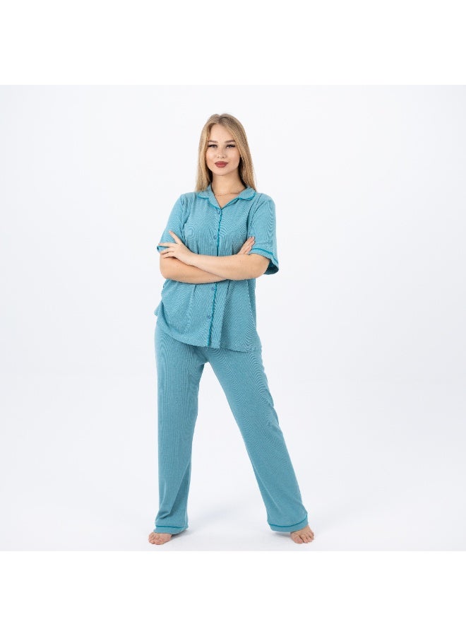 zecotex  Women's Classic Cotton  Pajama Set – Short Sleeve Button-Up Top & Long Pants  – Soft, Breathable & Comfortable Sleepwear  - Image 5