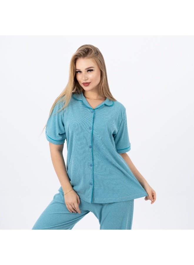 zecotex  Women's Classic Cotton  Pajama Set – Short Sleeve Button-Up Top & Long Pants  – Soft, Breathable & Comfortable Sleepwear  - Image 2