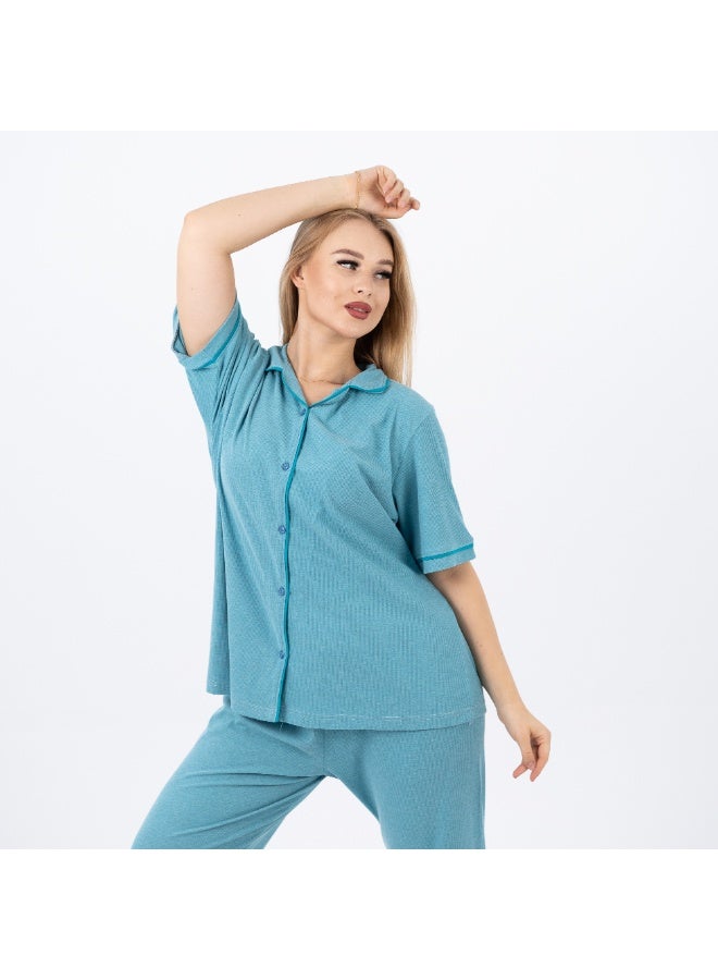 zecotex  Women's Classic Cotton  Pajama Set – Short Sleeve Button-Up Top & Long Pants  – Soft, Breathable & Comfortable Sleepwear  - Image 4