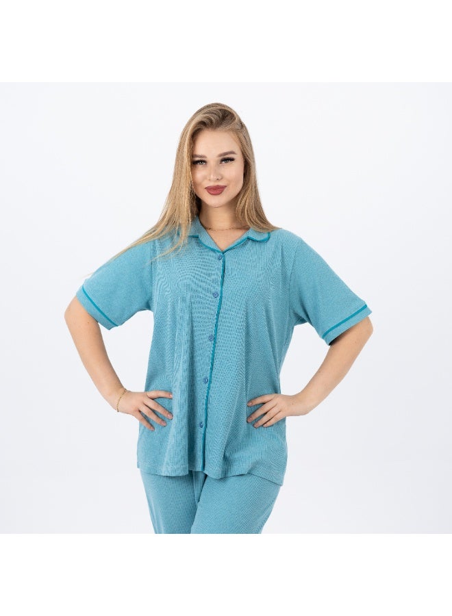 zecotex  Women's Classic Cotton  Pajama Set – Short Sleeve Button-Up Top & Long Pants  – Soft, Breathable & Comfortable Sleepwear  - Image 3