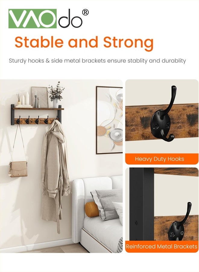 VAOdo Wall Hooks with Shelf, Wood Coat Rack with Shelf Wall-Mounted, Entryway Hanging Shelves with 5 Metal Hooks for Clothes Hats Towel Purse Robes, Bathroom Mudroom Bedroom - Image 3