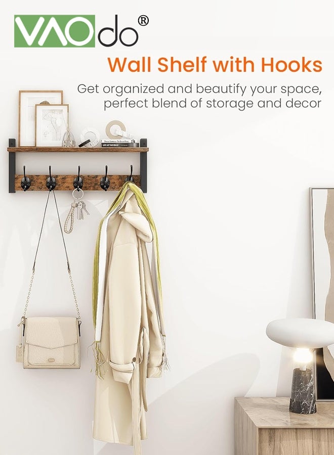 VAOdo Wall Hooks with Shelf, Wood Coat Rack with Shelf Wall-Mounted, Entryway Hanging Shelves with 5 Metal Hooks for Clothes Hats Towel Purse Robes, Bathroom Mudroom Bedroom - Image 4