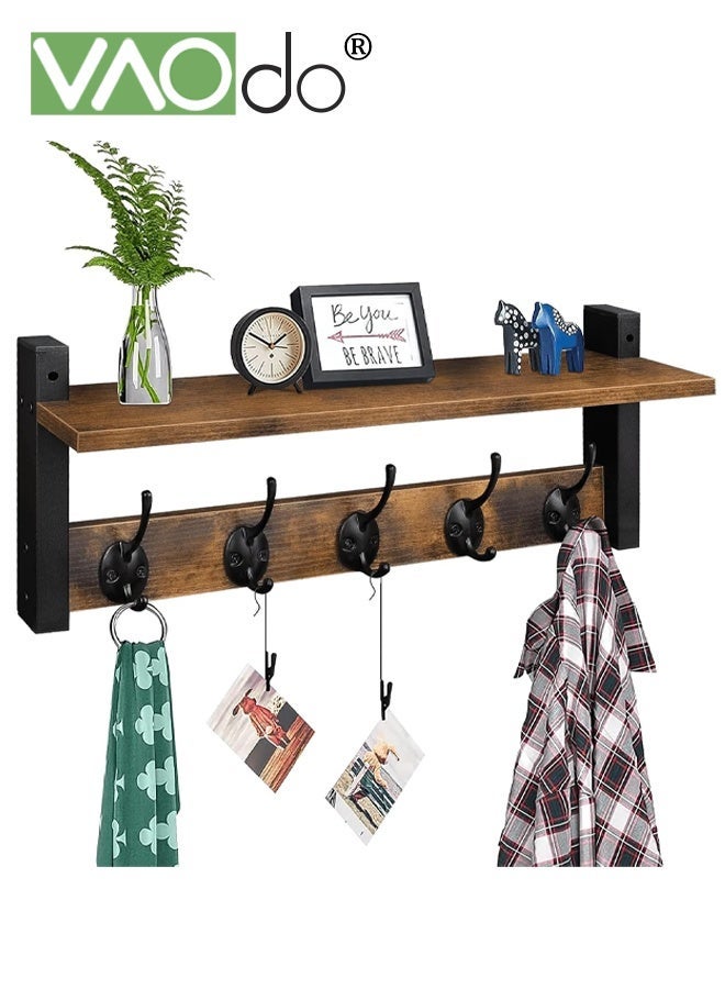 VAOdo Wall Hooks with Shelf, Wood Coat Rack with Shelf Wall-Mounted, Entryway Hanging Shelves with 5 Metal Hooks for Clothes Hats Towel Purse Robes, Bathroom Mudroom Bedroom - Image 1
