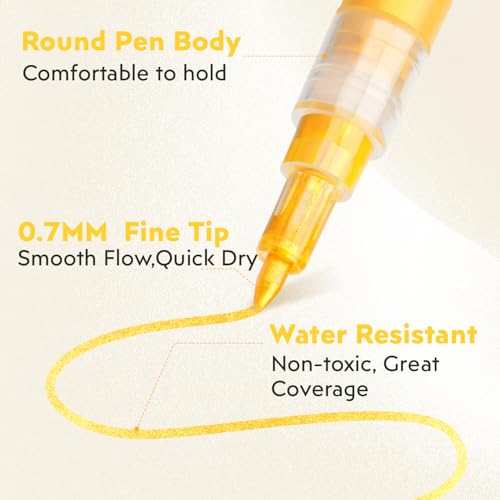 HOTU 5 Pack Super Gold Paint Markers - Metallic Gold Acrylic Paint Pens Glitter Extra Fine Tip 0.7mm for Black Paper,Wood, Rock Painting, Glass, Fabric - Image 3