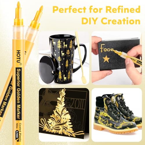 HOTU 5 Pack Super Gold Paint Markers - Metallic Gold Acrylic Paint Pens Glitter Extra Fine Tip 0.7mm for Black Paper,Wood, Rock Painting, Glass, Fabric - Image 2