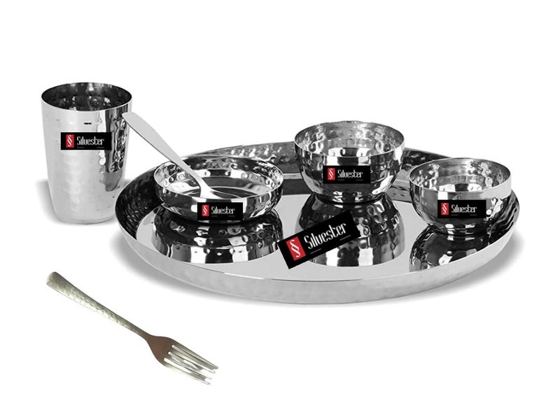 SILVESTER Stainless Steel Designer Heavy Royal Hammered Finish Dinner Set of 7 PCs 1 Thali 2 Bowl1 Halwa Plate1 Glass1 Spoon 1 Fork Spoon Pack of 7Silver - Image 3