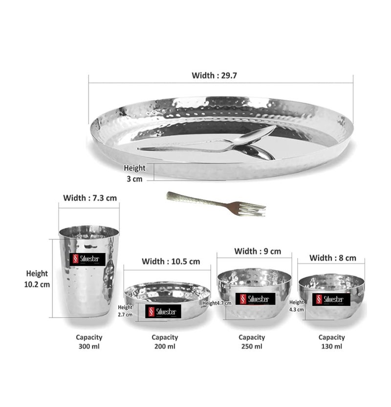 SILVESTER Stainless Steel Designer Heavy Royal Hammered Finish Dinner Set of 7 PCs 1 Thali 2 Bowl1 Halwa Plate1 Glass1 Spoon 1 Fork Spoon Pack of 7Silver - Image 4