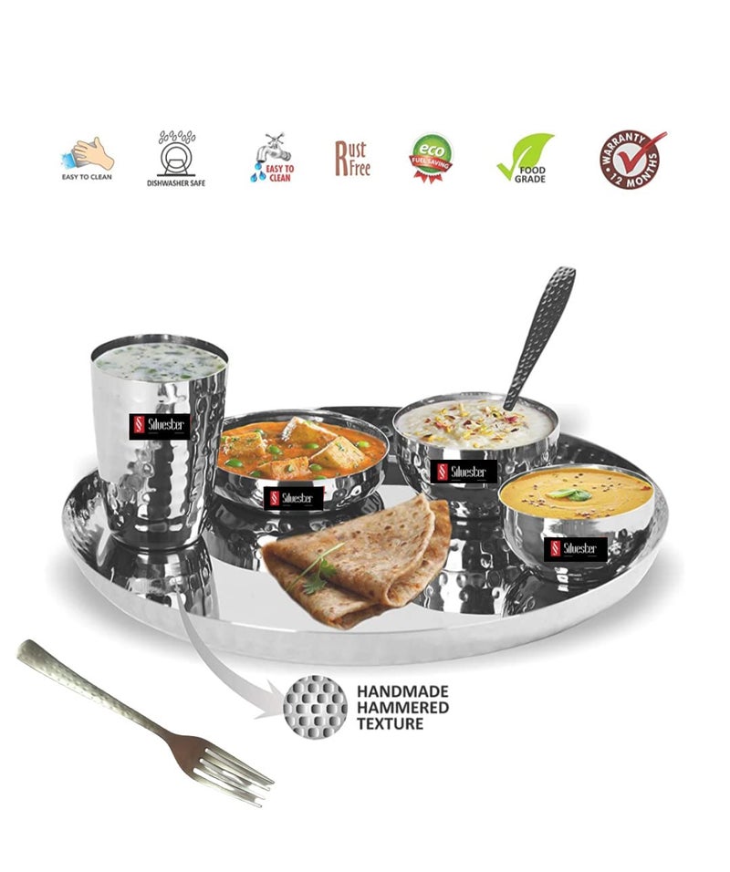 SILVESTER Stainless Steel Designer Heavy Royal Hammered Finish Dinner Set of 7 PCs 1 Thali 2 Bowl1 Halwa Plate1 Glass1 Spoon 1 Fork Spoon Pack of 7Silver - Image 5