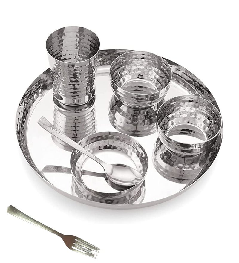 SILVESTER Stainless Steel Designer Heavy Royal Hammered Finish Dinner Set of 7 PCs 1 Thali 2 Bowl1 Halwa Plate1 Glass1 Spoon 1 Fork Spoon Pack of 7Silver - Image 1
