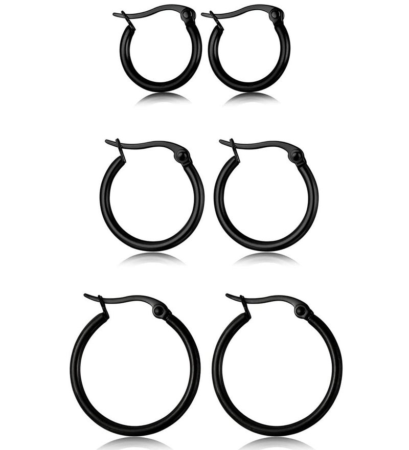 Jstyle 3 Pairs Stainless Steel Hoop Earrings Set Cute Huggie Earrings for Women,12MM,15MM, 20MM Black Tone - Image 1