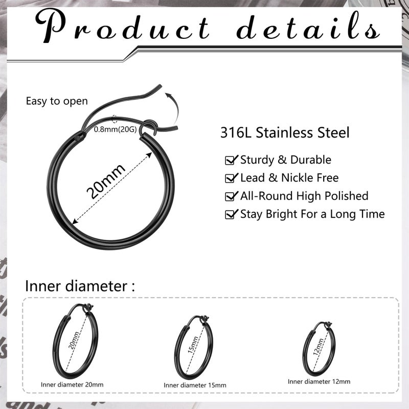 Jstyle 3 Pairs Stainless Steel Hoop Earrings Set Cute Huggie Earrings for Women,12MM,15MM, 20MM Black Tone - Image 2