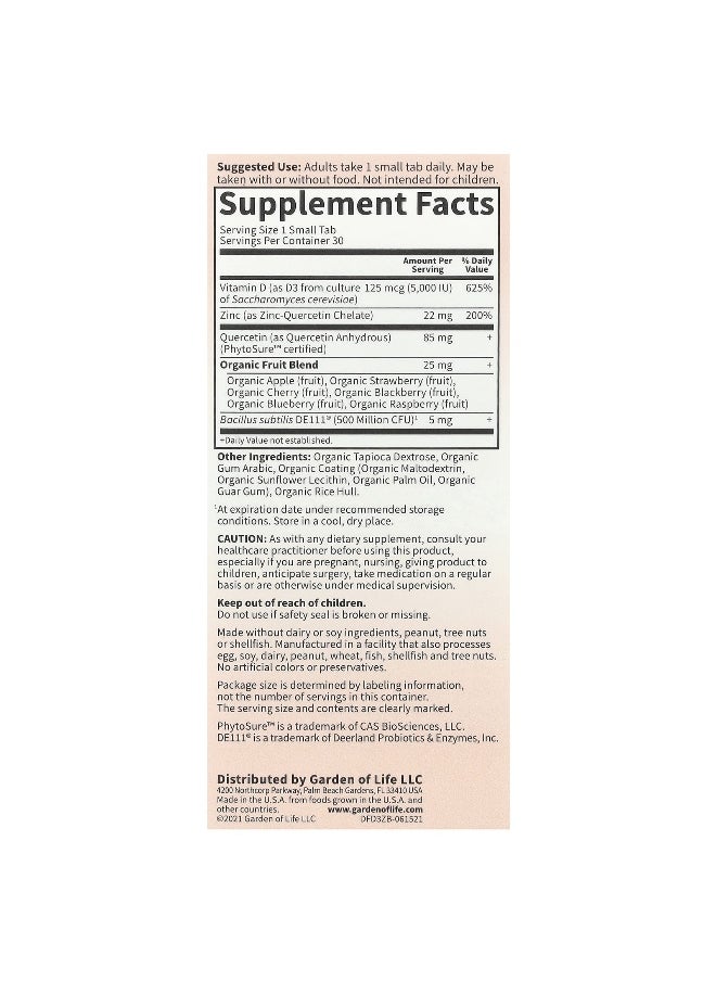 Garden of Life Garden of Life, Vitamin D3 & Zinc, 30 Small Tabs  - Image 2
