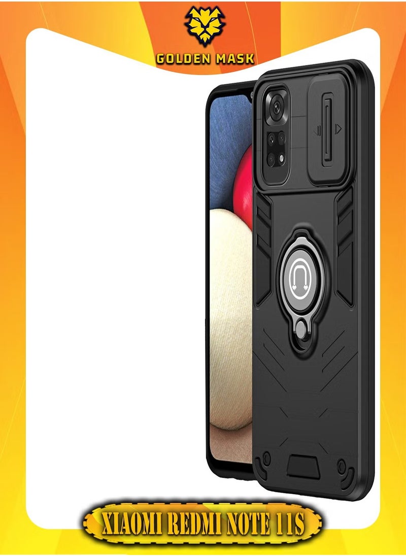 جولدن ماسك جولدن ماسك لهاتف شاومى ريدمى نوت 11/نوت 11اس (Xiaomi Redmi Note 11/Note 11S) جراب الحماية الفائقه مع دبله معدانيه وباب جرار لحماية كاميرة الهاتف - (اسود)  - Image 2