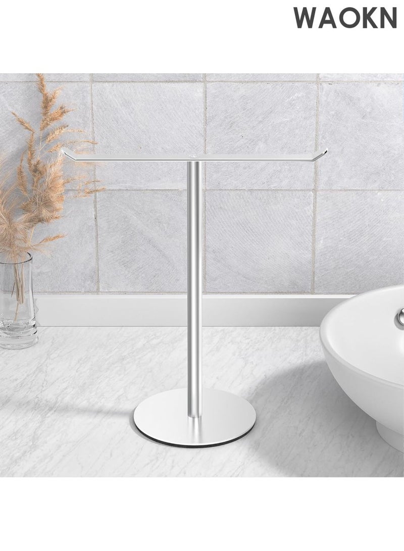 دبليو أيه أو كي أن رف مناشف من الفولاذ المقاوم للصدأ على شكل حرف T - منظم 2 في 1 مثبت على الحائط وسطح الطاولة، ملحقات حمام مقاومة للماء مع حامل عصابة رأس، حل تخزين مطبخ موفر للمساحة، تصميم عصري مقاوم للصدأ (فضي) - Image 1