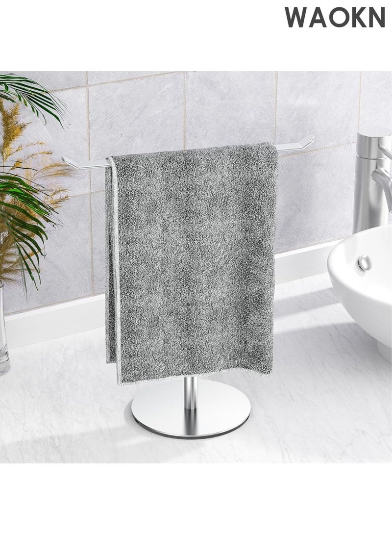 دبليو أيه أو كي أن رف مناشف من الفولاذ المقاوم للصدأ على شكل حرف T - منظم 2 في 1 مثبت على الحائط وسطح الطاولة، ملحقات حمام مقاومة للماء مع حامل عصابة رأس، حل تخزين مطبخ موفر للمساحة، تصميم عصري مقاوم للصدأ (فضي) - Image 2