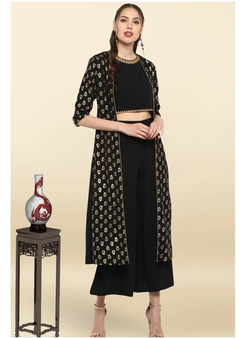 كولابا Black Crepe Gold Printed Crop Top 3Pc Set