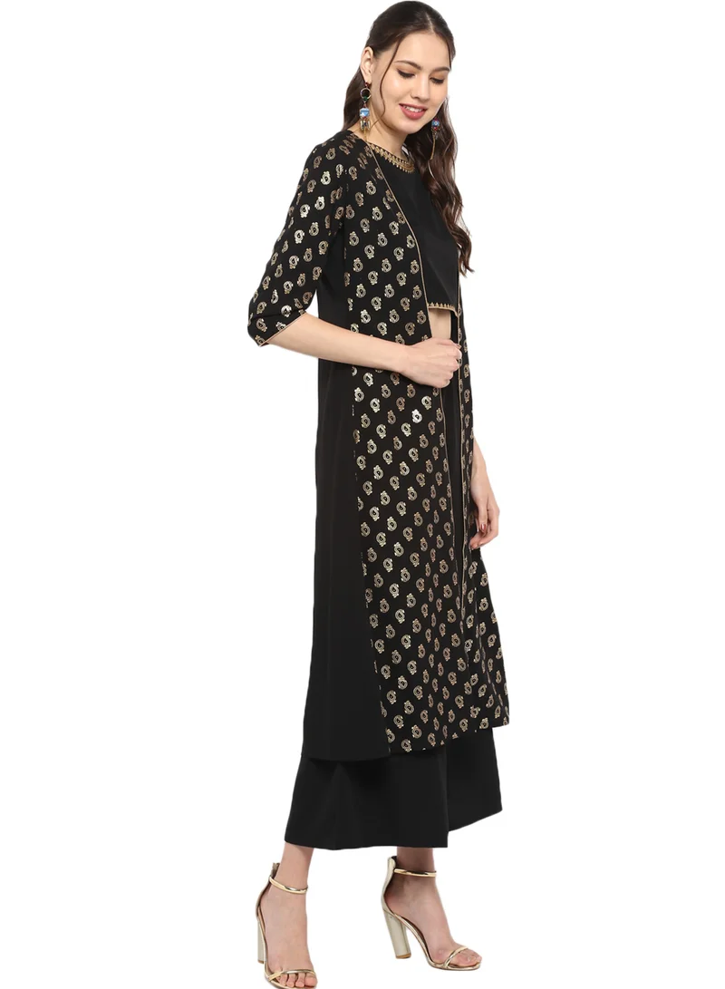 kolaba Black Crepe Gold Printed Crop Top 3Pc Set