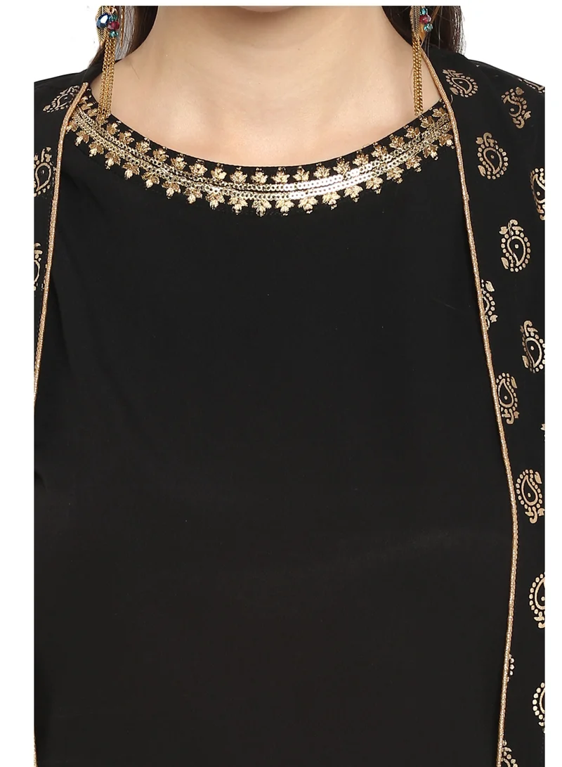 kolaba Black Crepe Gold Printed Crop Top 3Pc Set