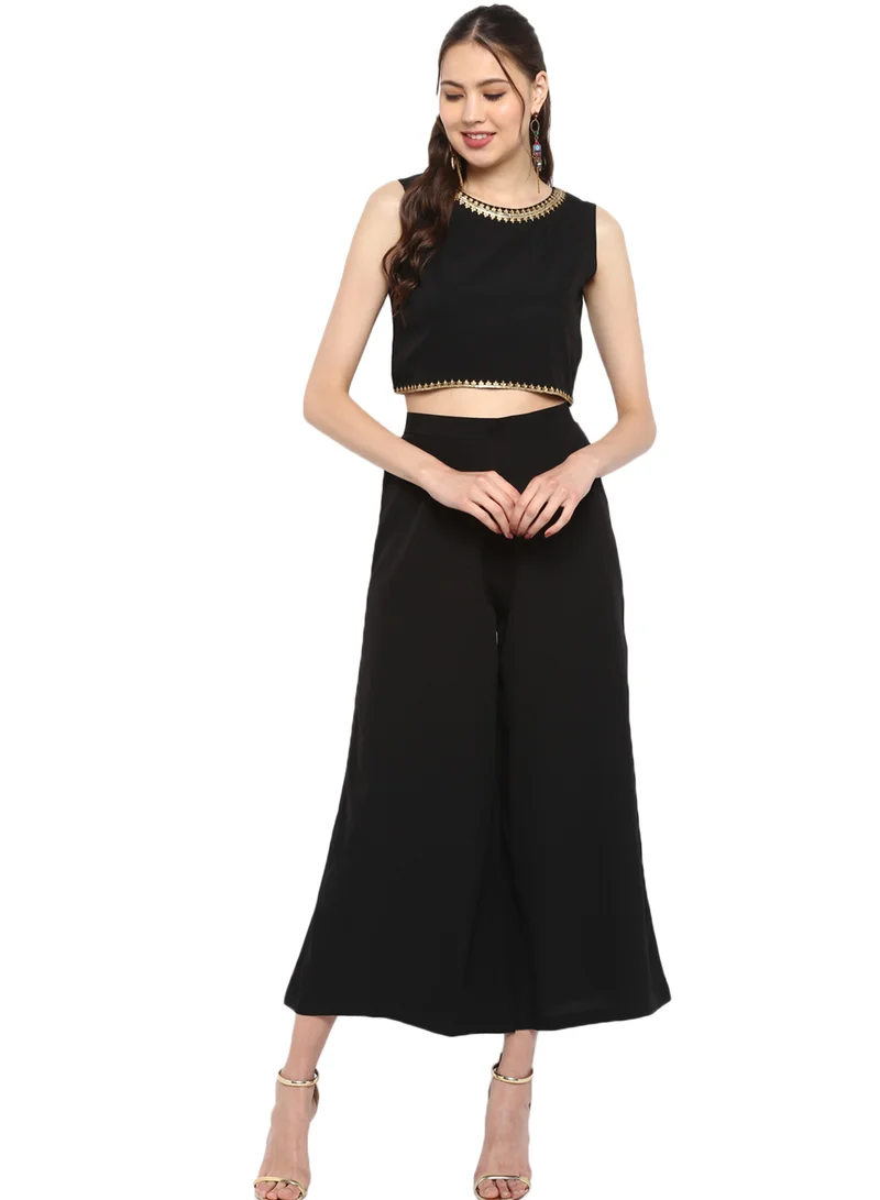 kolaba Black Crepe Gold Printed Crop Top 3Pc Set