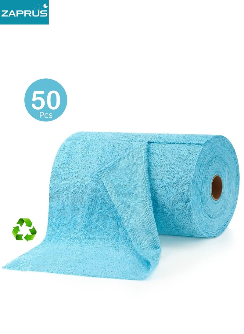 زابروس مناديل تنظيف متعددة الأغراض من زابروس Microfibre، 50 ورقة، قطع قماش قابلة لإعادة الاستخدام والغسل، فائقة الامتصاص، مناشف مطبخ متعددة الأغراض باللون الأزرق بحجم متوسط - Image 1