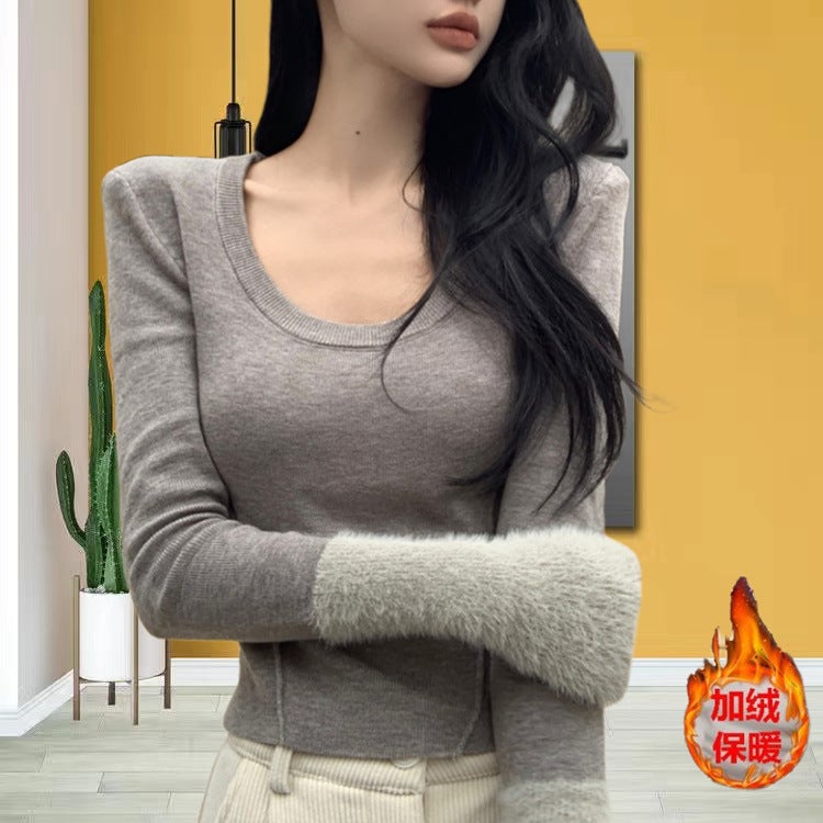 Women'S Threaded T-Shirt Fleece-Lined New Maillard Style Wear Pure Desire U-Neck Slim Warm Undershirt - Image 4