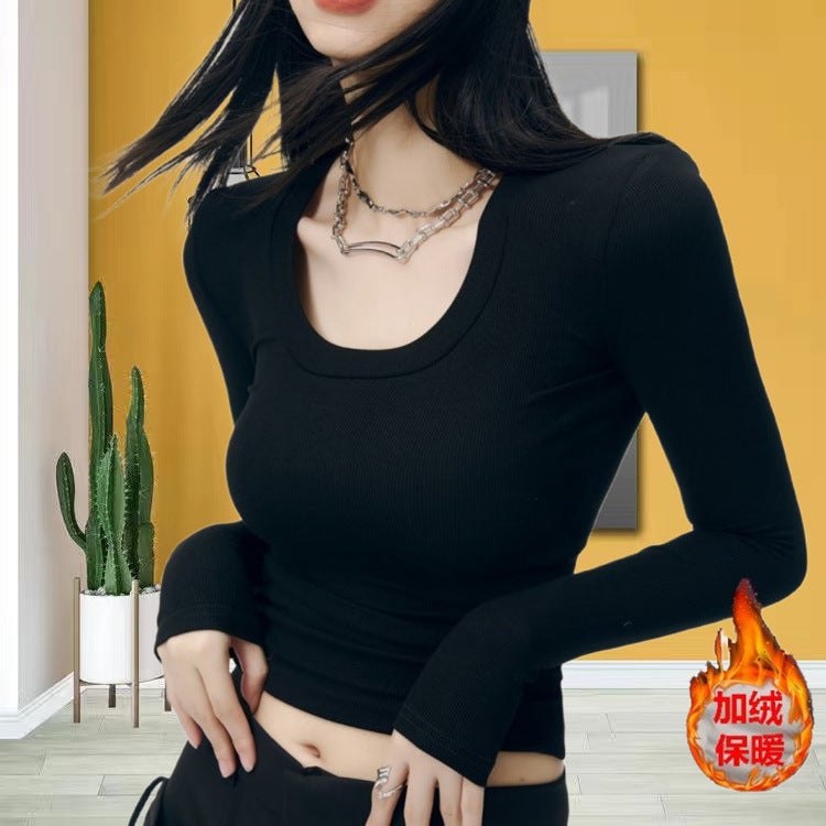 Women'S Threaded T-Shirt Fleece-Lined New Maillard Style Wear Pure Desire U-Neck Slim Warm Undershirt - Image 2