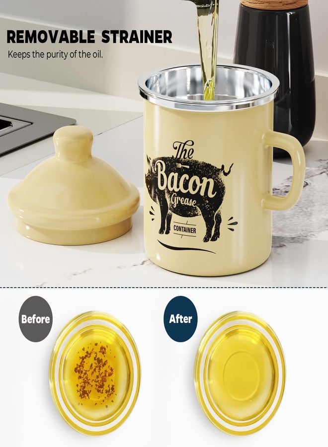 PGYARD Mini Bacon Grease Container With Strainer - 15OZ Enamel Grease Saver, Farmhouse Bacon Grease Keeper For Kitchen Fat Storage, Dishwasher Safe-Beige - Image 4
