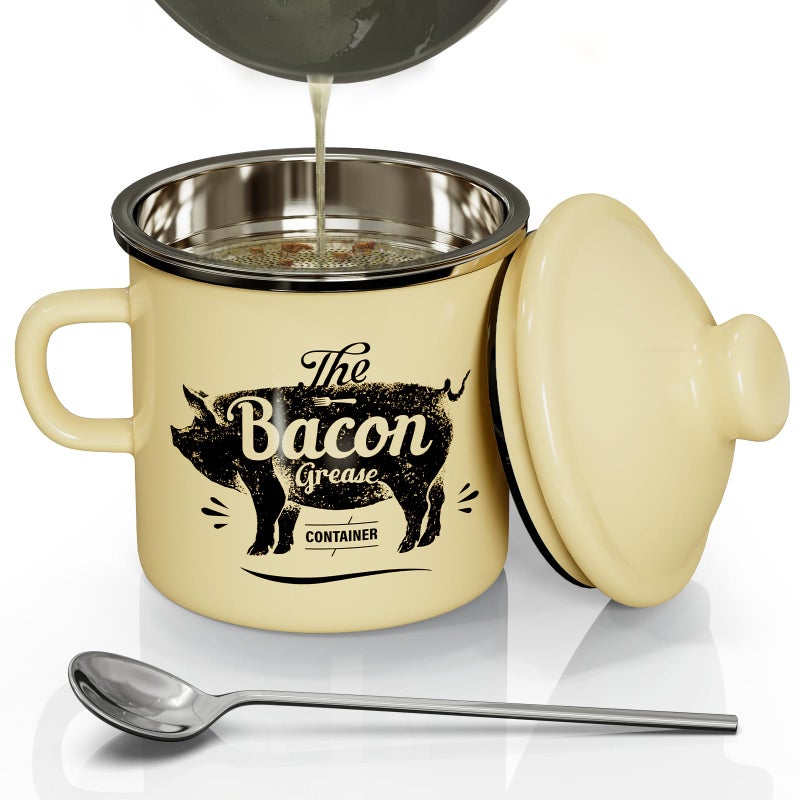 PGYARD Mini Bacon Grease Container With Strainer - 15OZ Enamel Grease Saver, Farmhouse Bacon Grease Keeper For Kitchen Fat Storage, Dishwasher Safe-Beige - Image 1