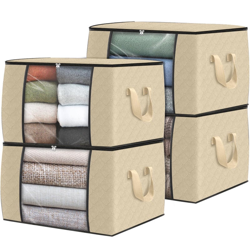 Fab totes 4 Pack Clothes Storage Foldable Thick Fabric Blanket Storage Bags Containers for Organizing Bedroom Closet Clothing Comforter Organization with HandleBeige - Image 2