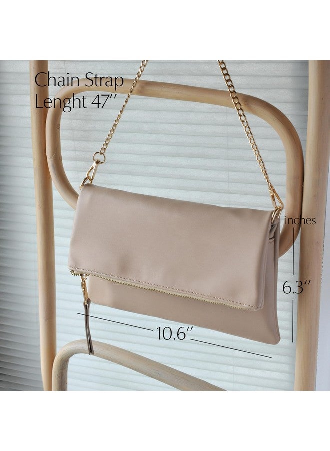 Hoxis Women'S Zipper Foldover Clutch Vegan Leather Envelope Cross Body Bag With Chain Strap (Nude) - Image 3