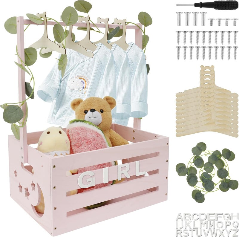 windforgecraft Wooden Baby Shower Crate Closet Wooden Baby Basket with Handle and Garland Basket for Baby Shower Gifts Welcome Gift Basket for Newborn Pregnancy Gifts for New Parents (Pink) - Image 1