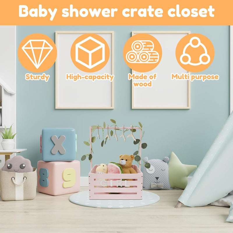 windforgecraft Wooden Baby Shower Crate Closet Wooden Baby Basket with Handle and Garland Basket for Baby Shower Gifts Welcome Gift Basket for Newborn Pregnancy Gifts for New Parents (Pink) - Image 2