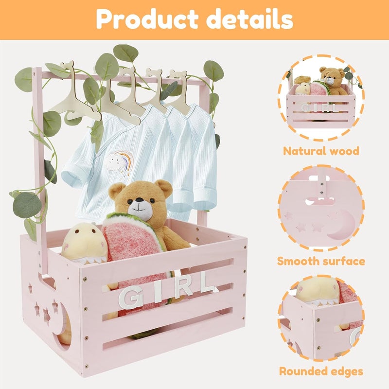 windforgecraft Wooden Baby Shower Crate Closet Wooden Baby Basket with Handle and Garland Basket for Baby Shower Gifts Welcome Gift Basket for Newborn Pregnancy Gifts for New Parents (Pink) - Image 4
