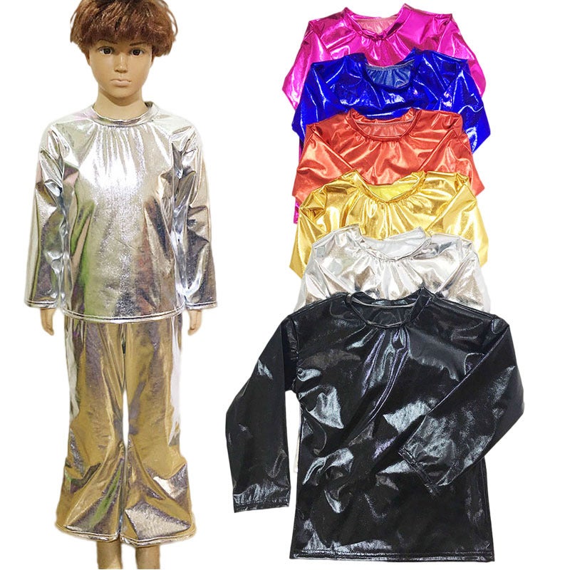 Performance Costumes Glossy Long-Sleeved T-Shirt Crew Neck Dancing Suit For Boys And Girls Adult Choir Top Micro-Stretch Children'S T-Shirt - Image 2