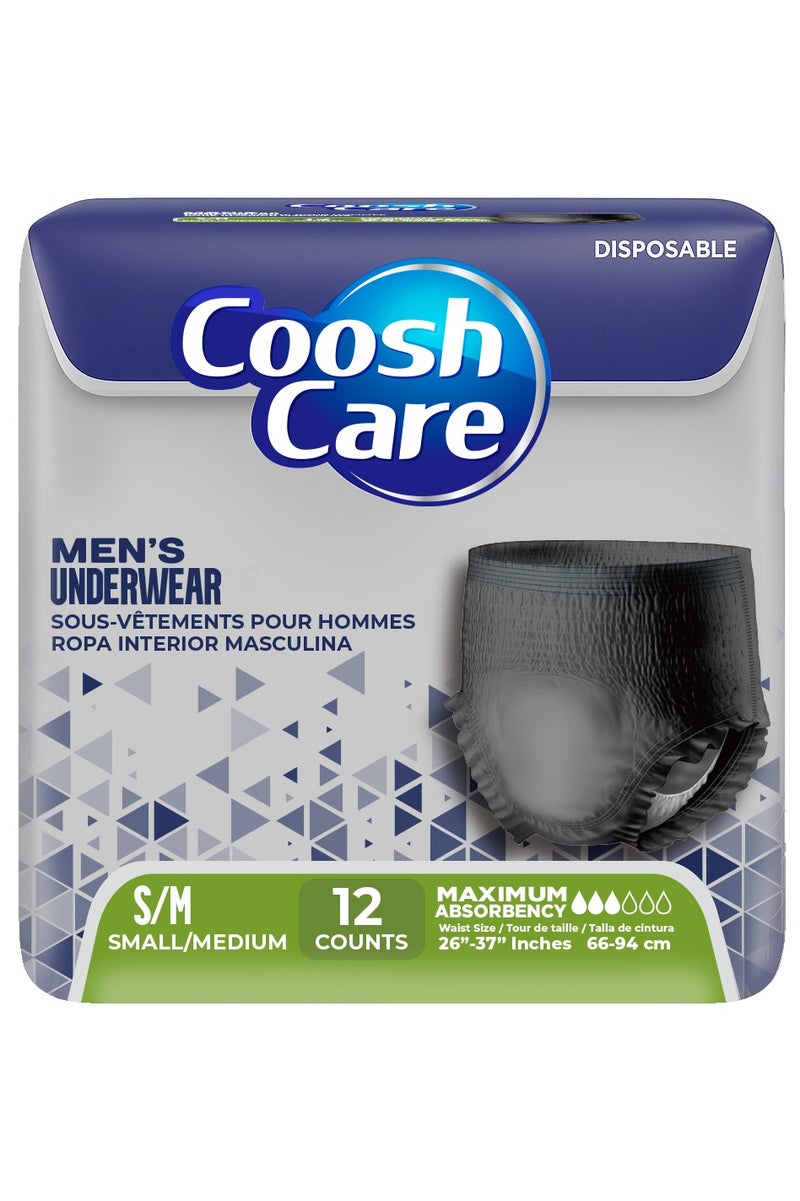 CooshCare سراويل داخلية قابلة للاستخدام مرة واحدة، أقصى امتصاص، سراويل سحب للبالغين (12 قطعة)، غلاف ناعم للغاية، حماية ضد التسرب، ملائمة مريحة وآمنة لرعاية سلس البول (للرجال - S/M) - Image 1