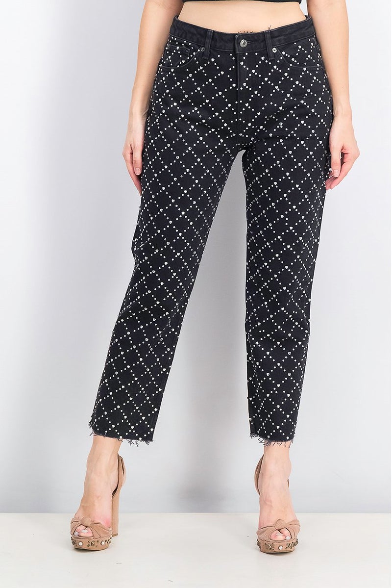 TOPSHOP Women Straight Fit Embellished Heart Jeans, Black - Image 1