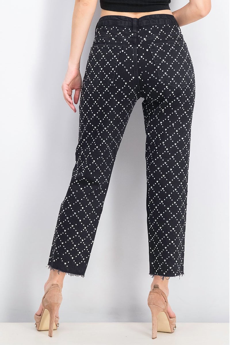 TOPSHOP Women Straight Fit Embellished Heart Jeans, Black - Image 4
