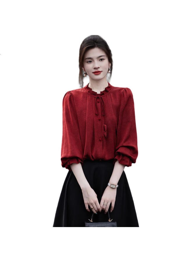 dme Elegant Commuter Shirt With Wrinkle Texture And Ruffle Bubble Sleeves Women'S Blouse - Image 3
