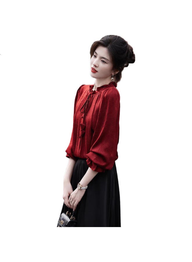 dme Elegant Commuter Shirt With Wrinkle Texture And Ruffle Bubble Sleeves Women'S Blouse - Image 2