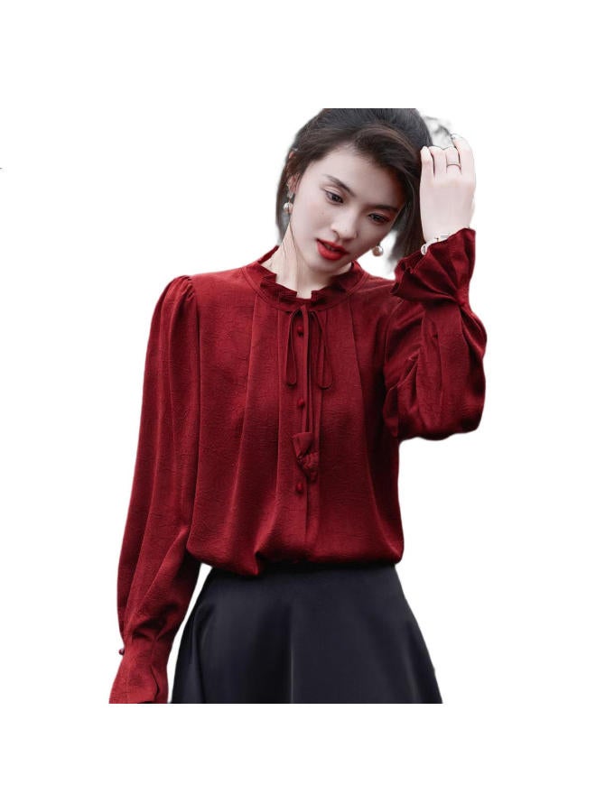 dme Elegant Commuter Shirt With Wrinkle Texture And Ruffle Bubble Sleeves Women'S Blouse - Image 1