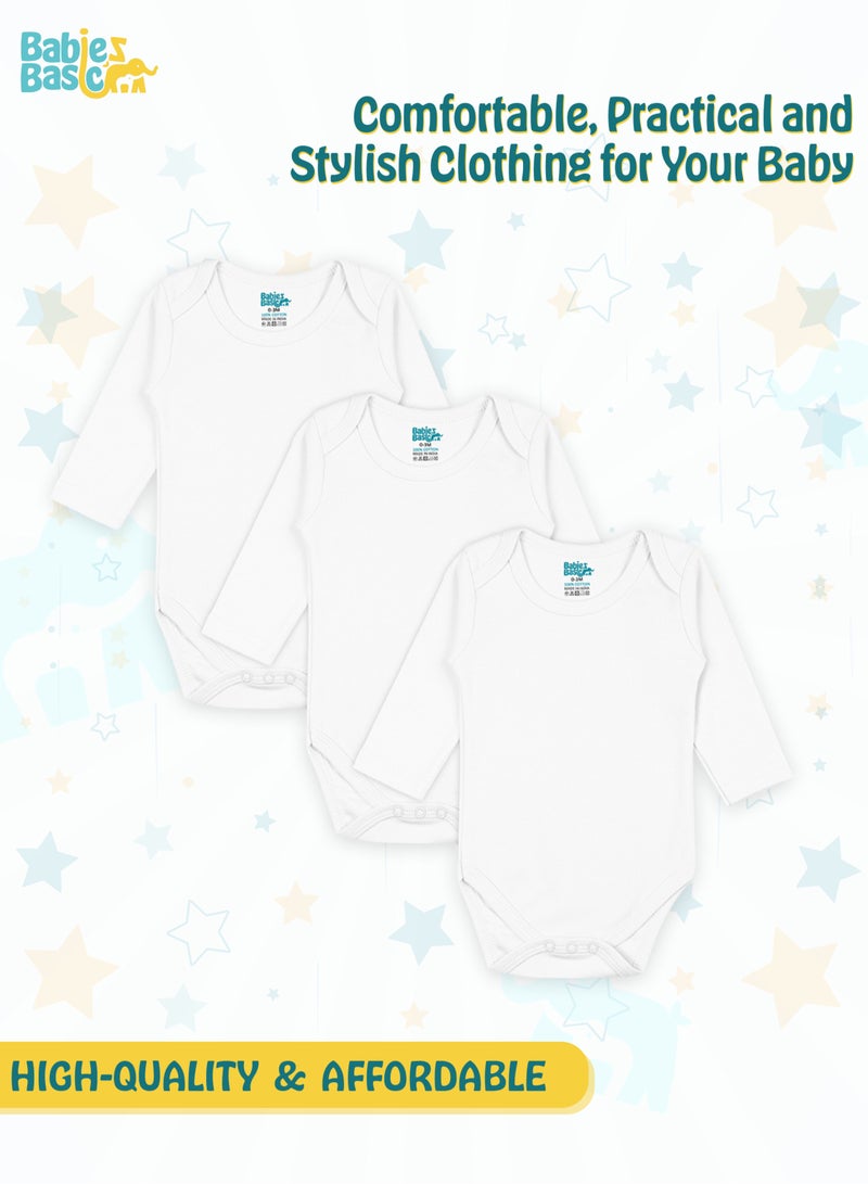 Babies Basic 100% Super Soft Cotton, Long Sleeves Romper/Bodysuit, For New Born To 24Months, Set Of 3 - White  - Image 2